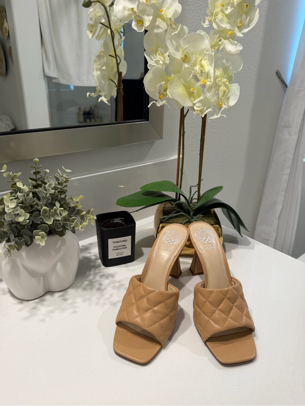 Vince Camuto Quilted Tan Slide Heels - Women